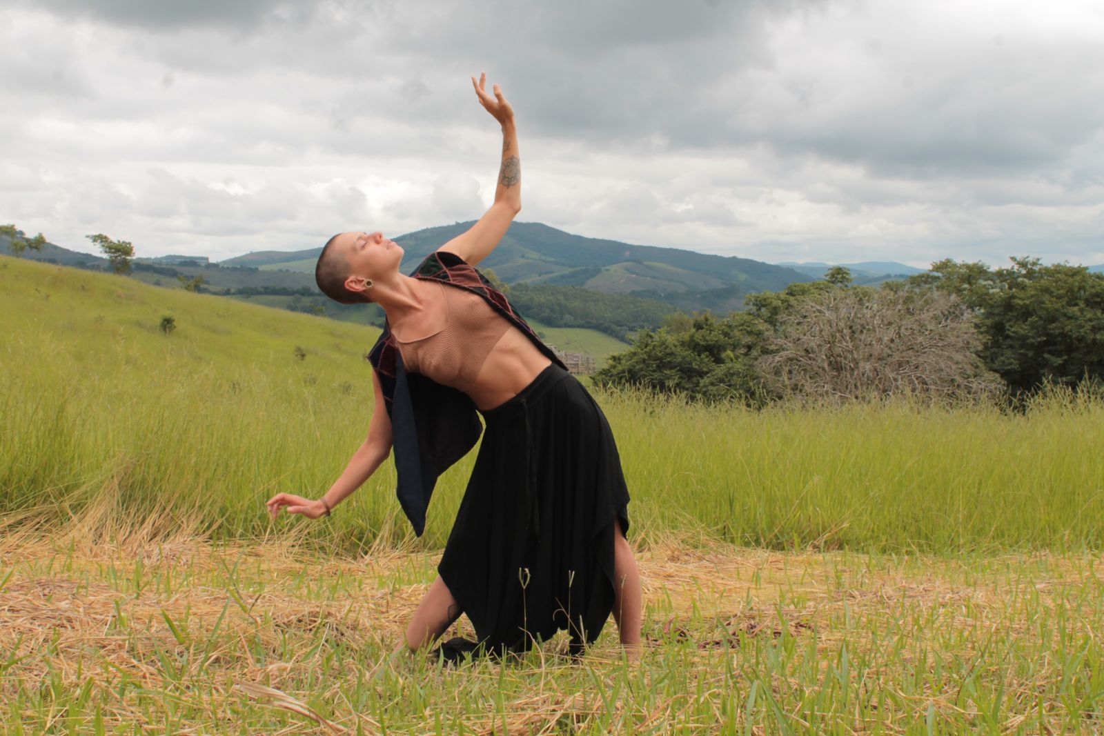 Dyne em movimento num campo, com morros ao fundo